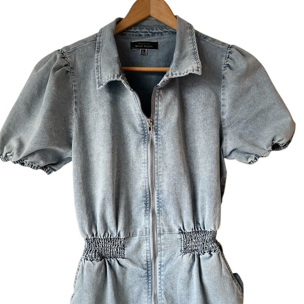 Blue Blush Cotton Blend Faux Denim Balloon Sleeve Dress - Picture 3 of 16